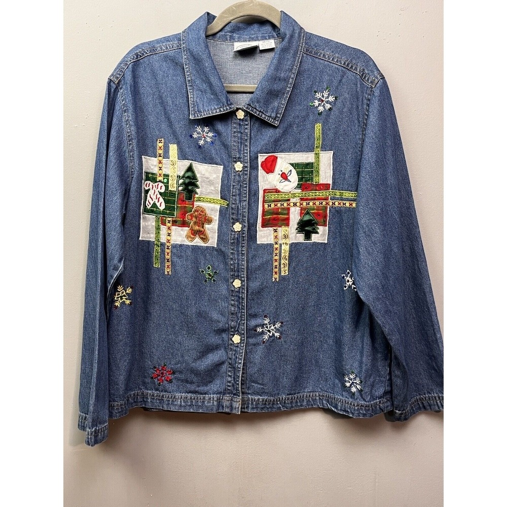 Carolina Plus Blues Denim Shirt Womens 14/16 Blue Christmas Embroidery Holiday